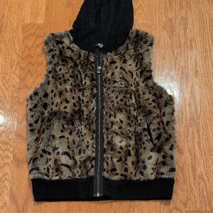 Miss me Leopard Print Faux Fur Vest with Black Hood